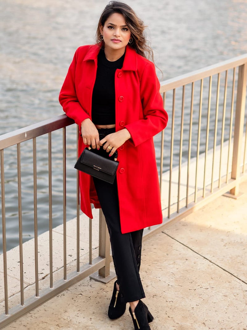 Jenkoon Women's Wool Trench Coat Winter Long Thick Overcoat Walker Coat (Red, X-Small) - Image 3